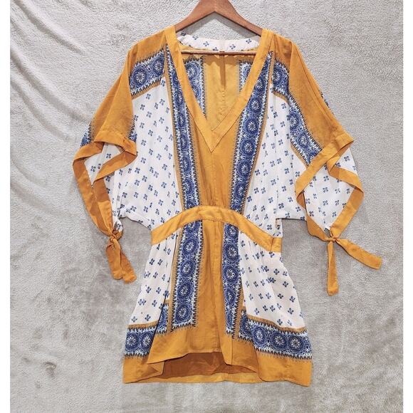Free People Blue Tan V Neck Floral Santa Cruz Kimono Mini Dress Size Small Boho - Picture 2 of 12